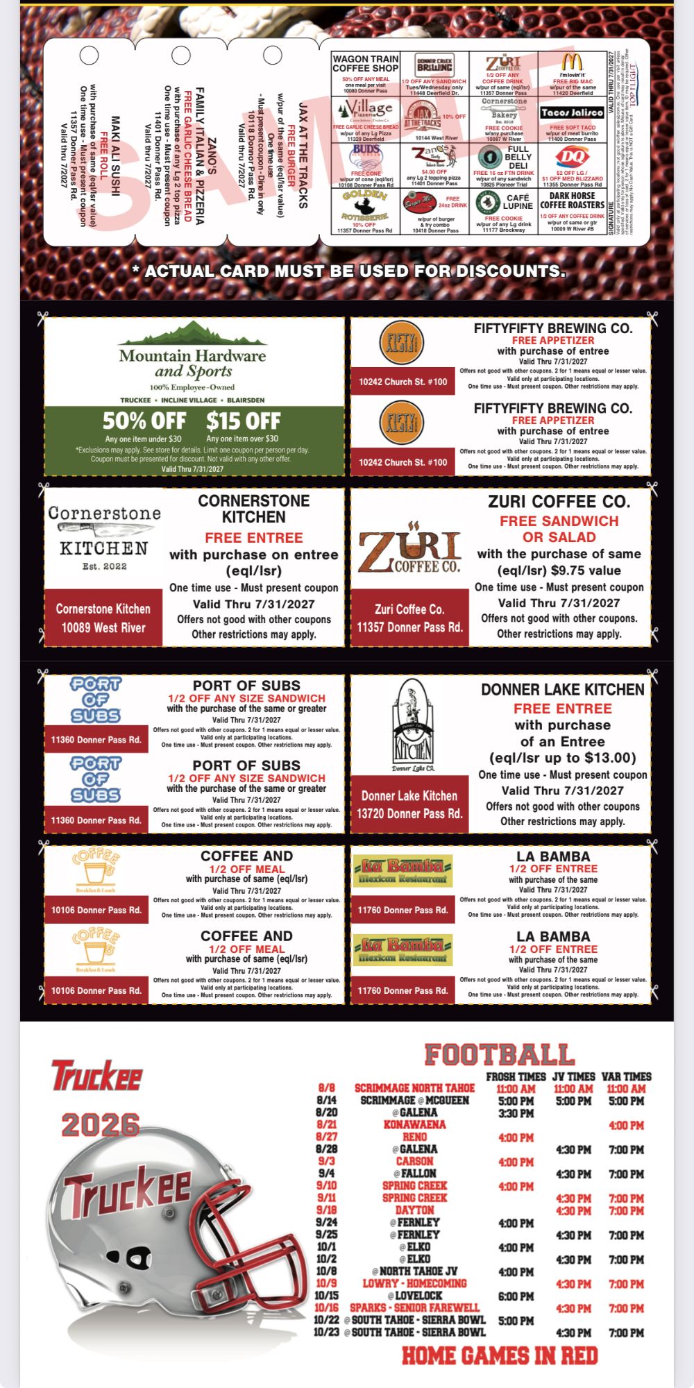 Inside of the Truckee Football discount card: local business discounts, full-size coupons and the 2026 football schedule